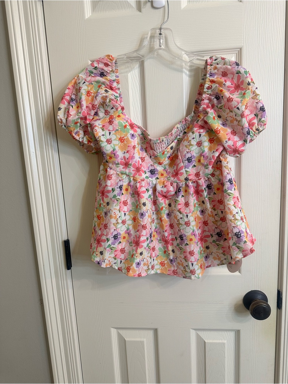 SHEIN Pink Multicolor Floral Puff-Sleeve Peplum Top